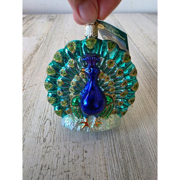 OWC old world proud peacock glitter bird ornament glass green purple Xmas tree - Picture 1 of 9